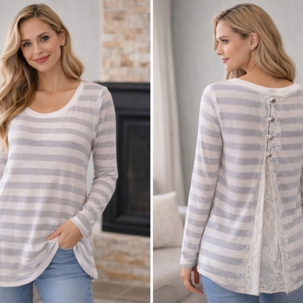 Rewind NWT XL Stripe Long Sleeve Tunic Top Lace Back Button Detail